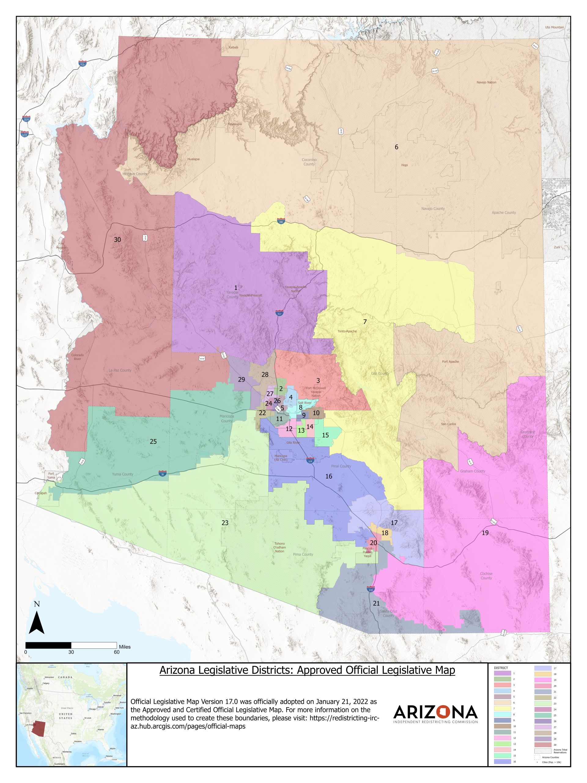 Map showing all legislative districts in Arizona